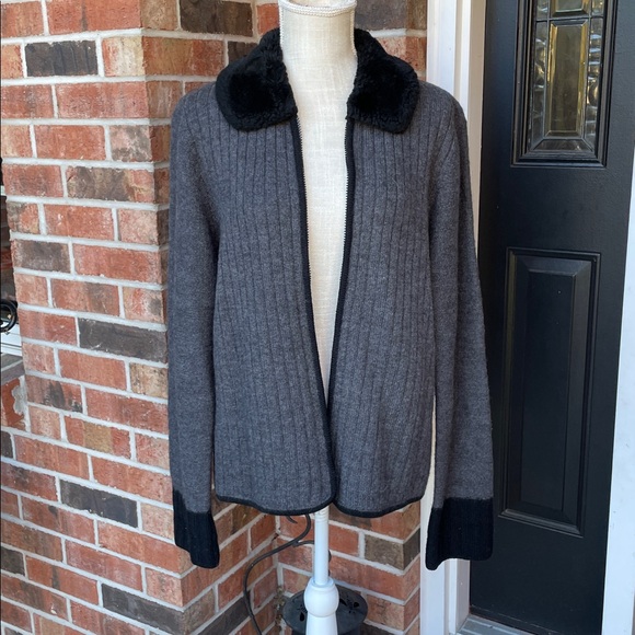 Herman Geist Wool With‎ Faux Fur Zip Up Cardigan Sweater - Picture 2 of 10